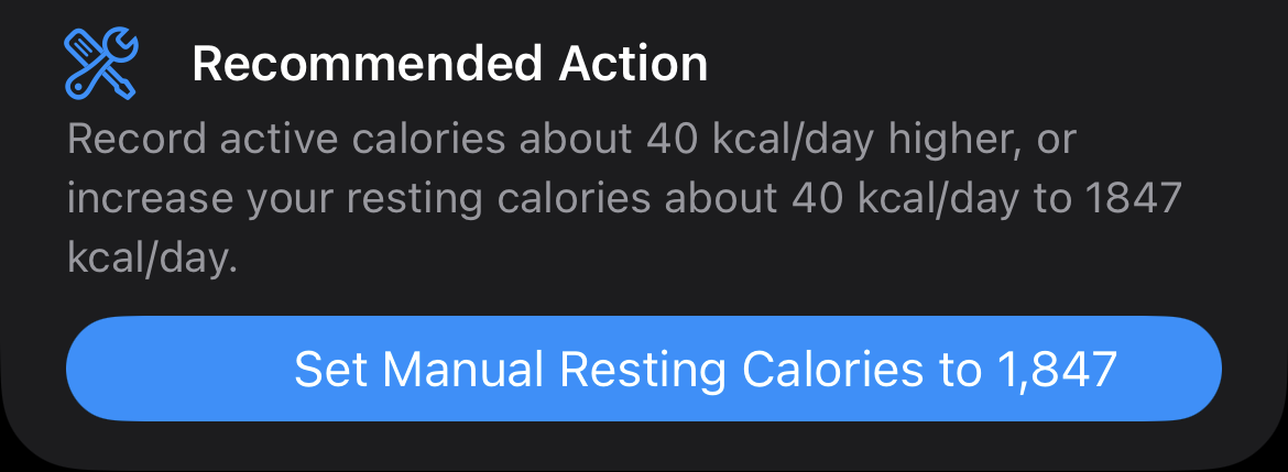 Example calibration recommendation to adjust resting calories to 1,847 calories per day.